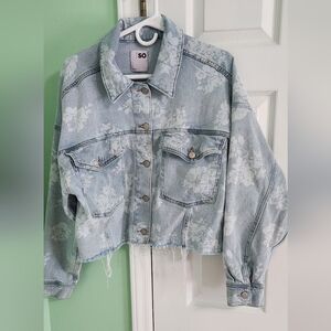SO Denim Jacket with White Floral Pattern,  Size L